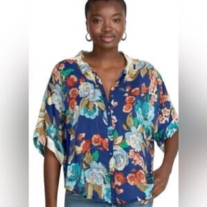 Johnny Was Emma Lynn Floral Collared Button Down Short Sleeve Blouse Size M